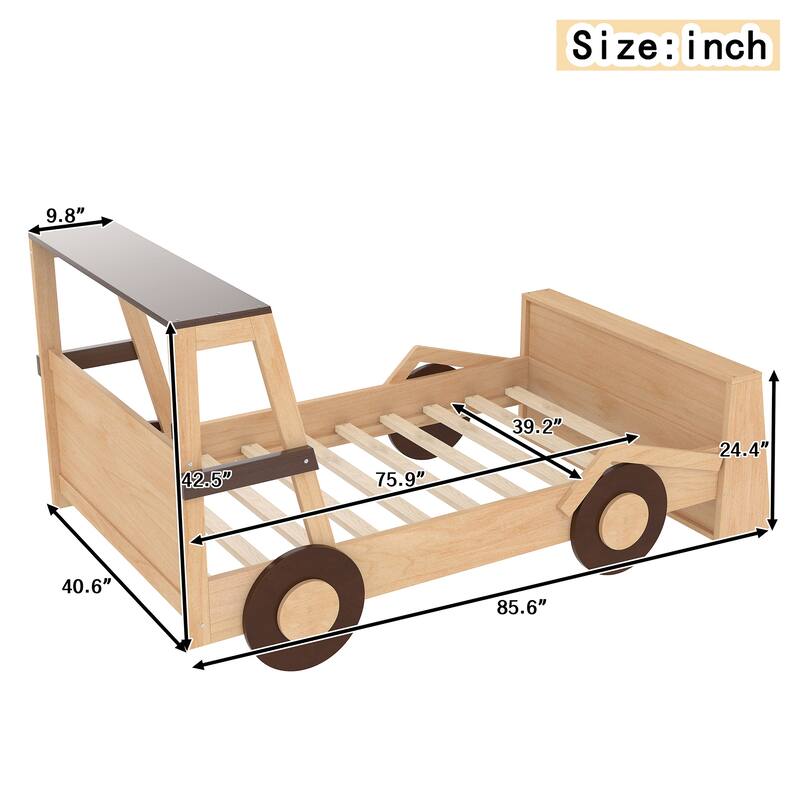 Low Platform Bed for Kids Car-shaped Bed Frame with Front Storage Shelves, Headboards and Wheels, No Box Spring Needed