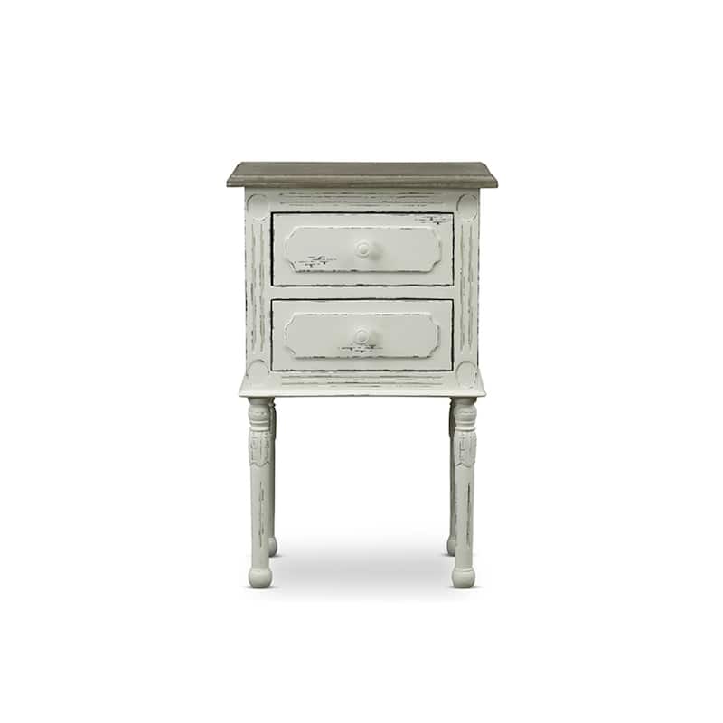 Antique Nightstand with Drawers - White Bedside Table, Mindi Wood Top, Small Space Storage