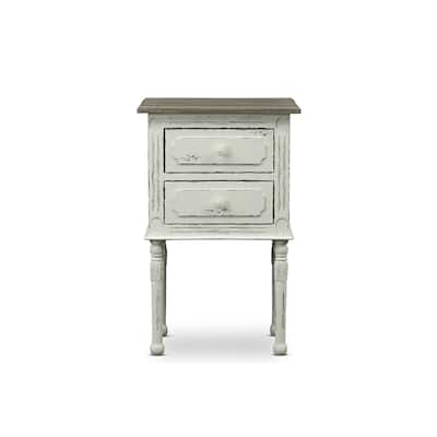 Antique Nightstand with Drawers - White Bedside Table, Mindi Wood Top, Small Space Storage