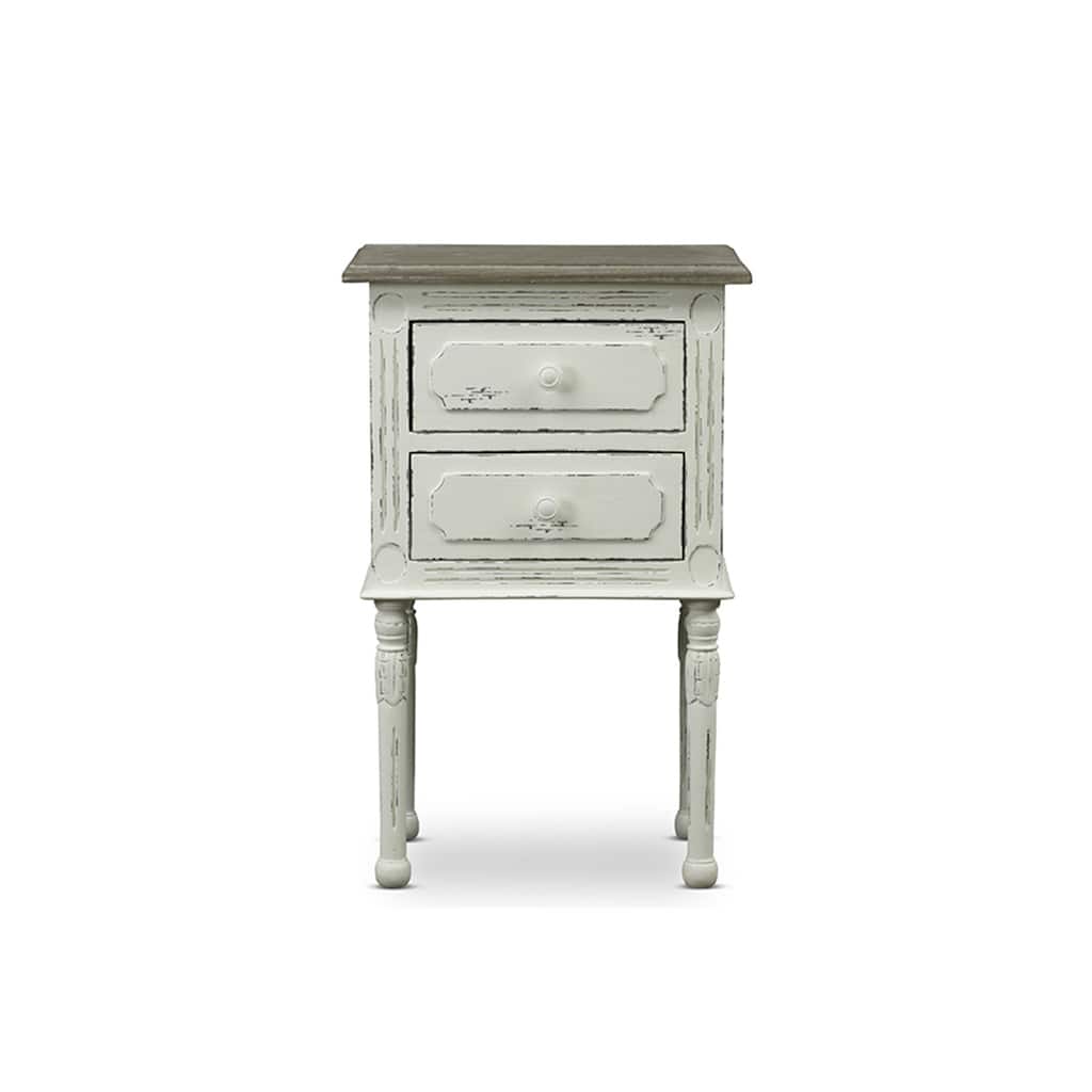 Antique Nightstand with Drawers - White Bedside Table, Mindi Wood Top, Small Space Storage