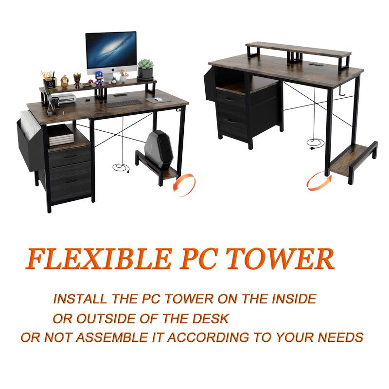47" Office Desk with 2 Monitor Stands and Fabric File Cabinet, Writing Gaming Table with Shelves and Hooks for Home Office