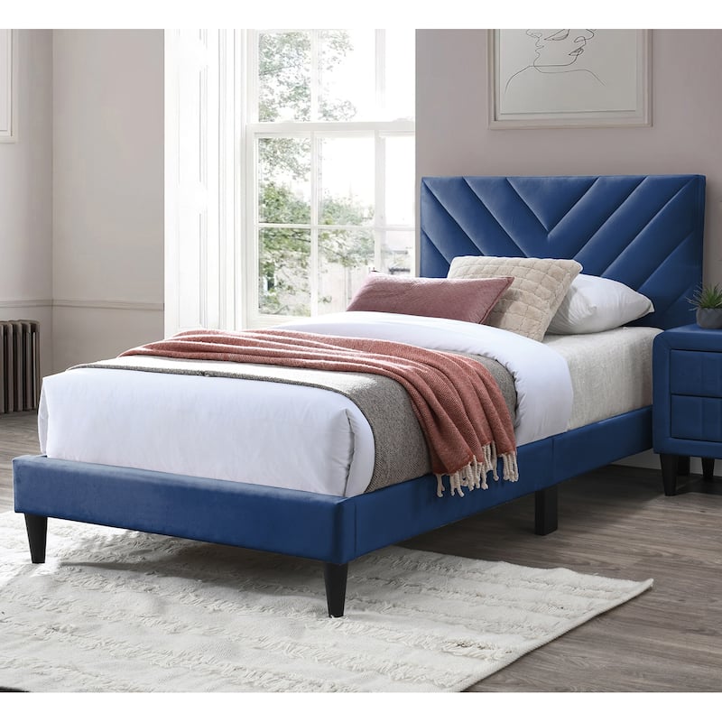 Velvet Upholstered Adjustable Headboard Full Bed with V-stitching Design