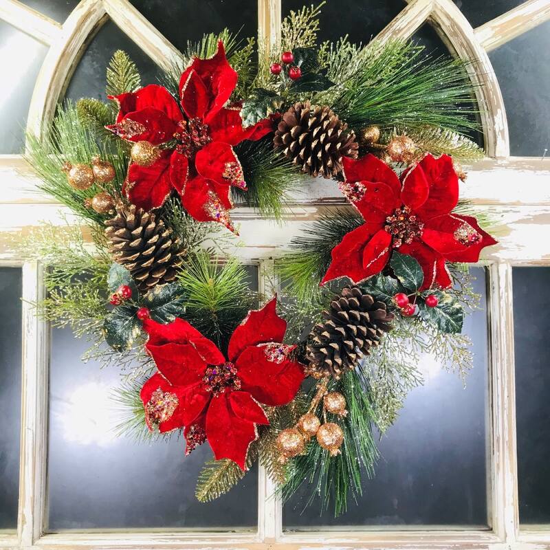 Pine Poinsettia Artificial Wreath Red Gold 24" - Green - 24