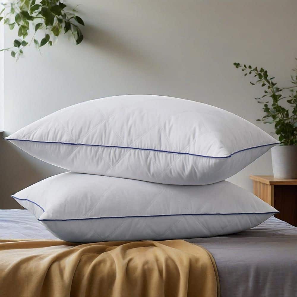 Set of 2 Goose Feather Down Bed Pillows Medium-Firm for Back and Side Sleepers - White