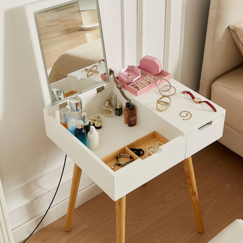 Small Makeup Vanity Table, Dresser Desk with 2 Drawers , Flip Top Mirror Organizer, Makeup Dressing Table