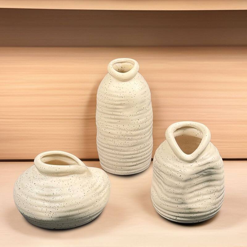 Set of Three Speckled and Artistic Cream Ceramic Vases