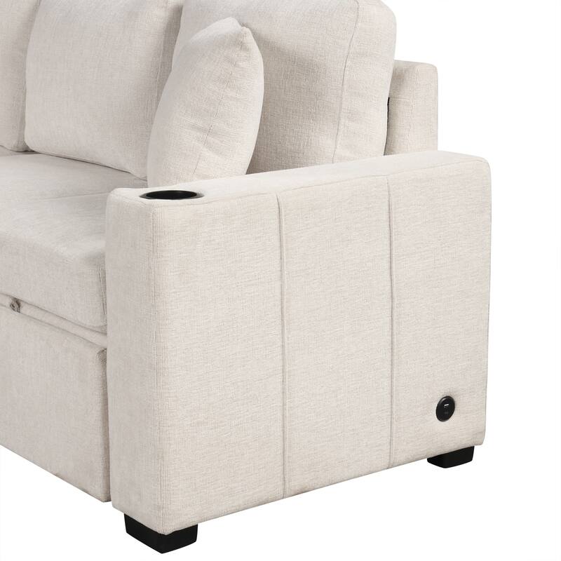107.1" U-shaped Beige Chenille Convertible Pull-out Sectional Sofa Bed for Living Room