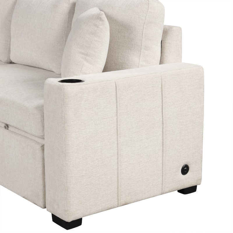 Convertible Sectional Sofa with Pull-out Sofa Bed and Dual Cup Holders