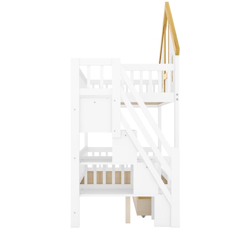 GDFStudio -DreamCottage Modern Wooden House Roof Bunk Bed with Storage Drawers and Staircase