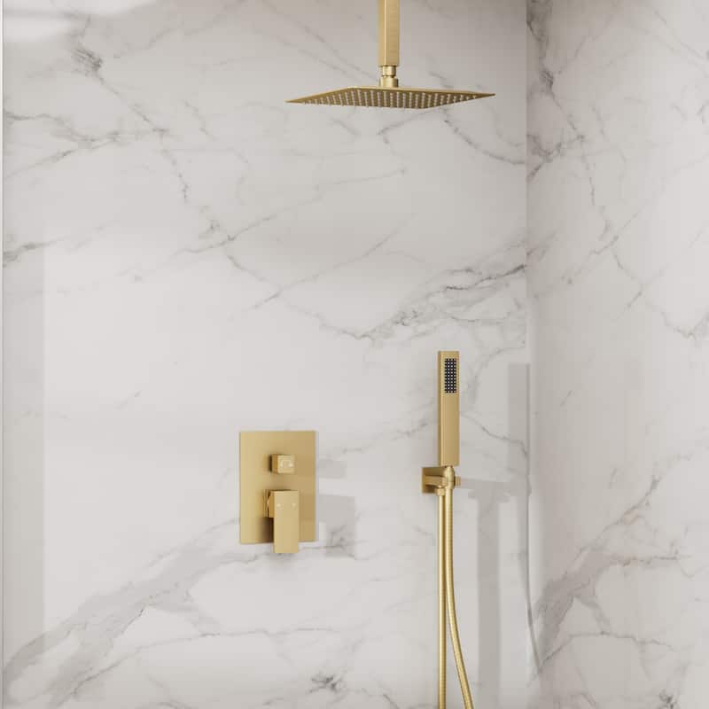 GRANDJOY 10" Rainfall Showerhead Bathroom Shower System Shower Faucets with Anti-Scald Valve - Brushed Gold