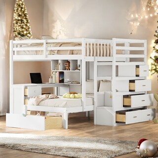 Full over Twin Bunk Bed with Desk, Drawers and Shelves,Multifunctional Loft Bed with Storage