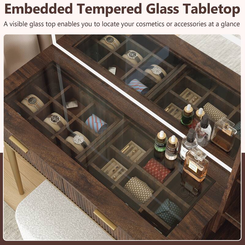 Modern Fluted Makeup Vanity Desk with Lighted Mirror, Dressing Table