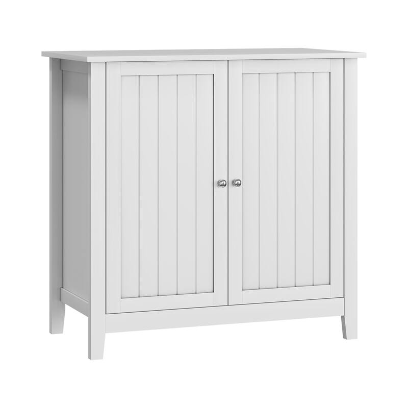 Roomfitters Modern Storage Cabinet with Geometric Doors, Multi-Purpose Sideboard Organizer with Wooden Legs, White