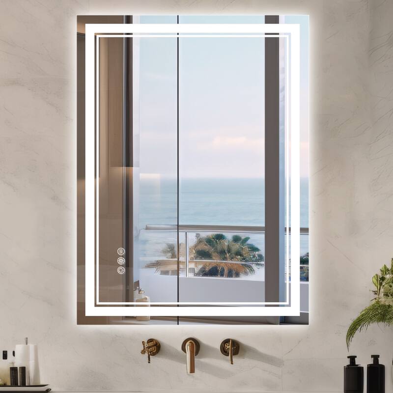 Durx-litecrete LED Wall Mirror Rectangular Frameless Dual Strips LED Bathroom Vanity Mirror - 24*32
