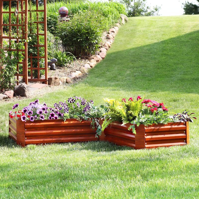 Sunnydaze L-Shaped Galvanized Steel Raised Garden Bed - Woodgrain
