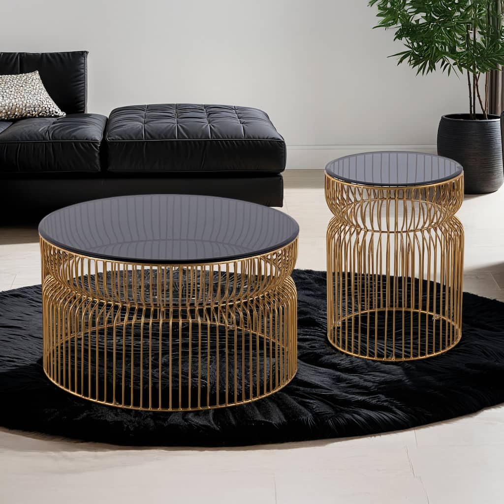 Modern Contemporary Metal Nested Base And Tinted Tempered Glass Top Material Round Coffee Table