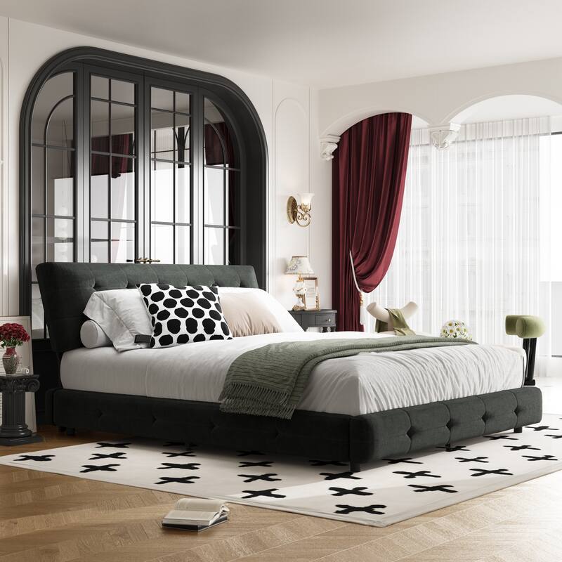 Chenille Upholstered Platform Bed with Tufted Headboard & Footboard, Modern Bed Frame with Metal & Wood Slats for Bedroom