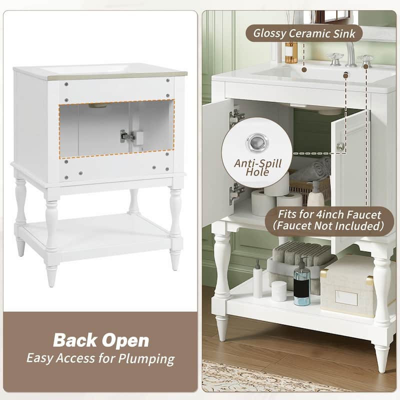 24" Modern Luxury Bathroom Vanity with Ceramic Sink, Freestanding Cabinet with Open Shelf and Enclosed Storage