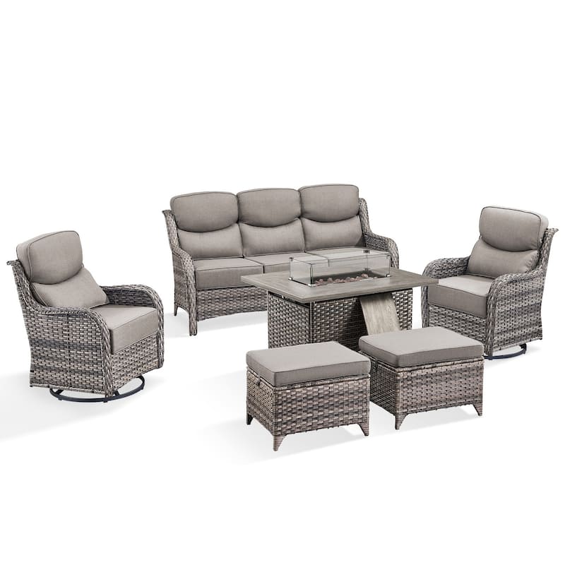 Pocassy 6 Pieces Outdoor 6 Inch Sofa Swivel Chair Ottoman with Fire Table