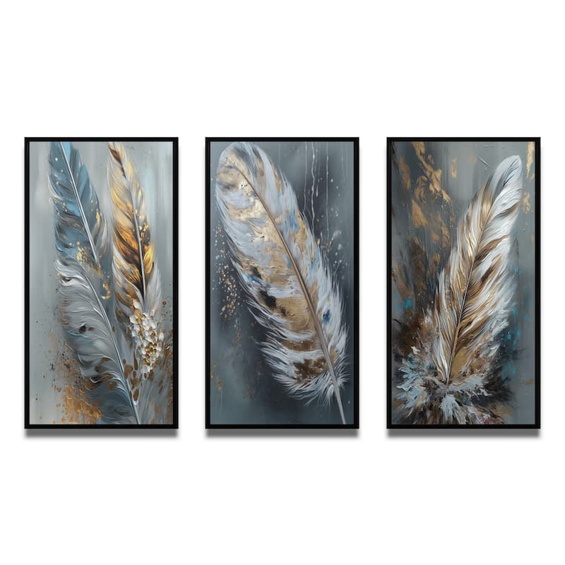 Designart "Gold Feather Wanderlust III" Glam Feather Framed Wall Art Set Of 3 Frame Gallery Set For Office Decor