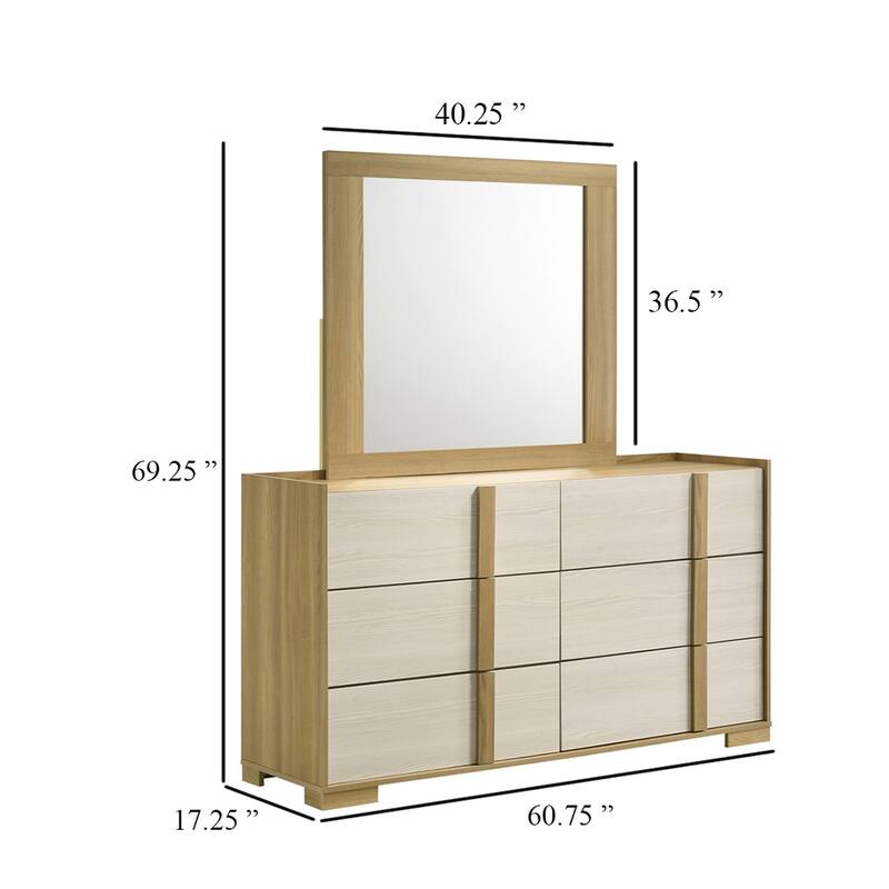 Hyle Wide Dresser with Mirror and 6 Drawers, Retro Brown and White