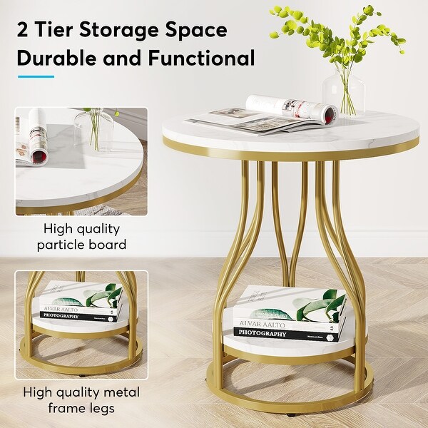 2 Tier Faux Marble Round End Side Table with Stylish Metal Frame Modern Simple Bedside Nightstand Accent Tables On Sale Bed Bath Beyond 38337708