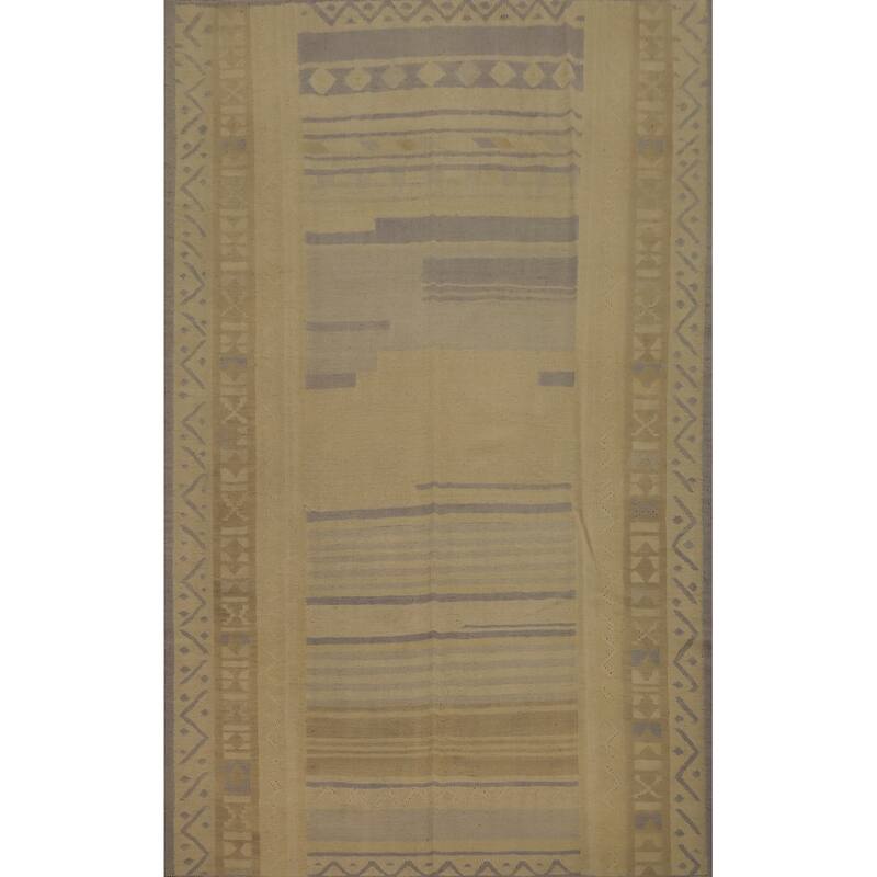 Hand Woven Oriental 100% Wool Carpet Southwestern Tribal Beige & Ivories Kilim Area Rug - 9' 6'' X 6' 8''