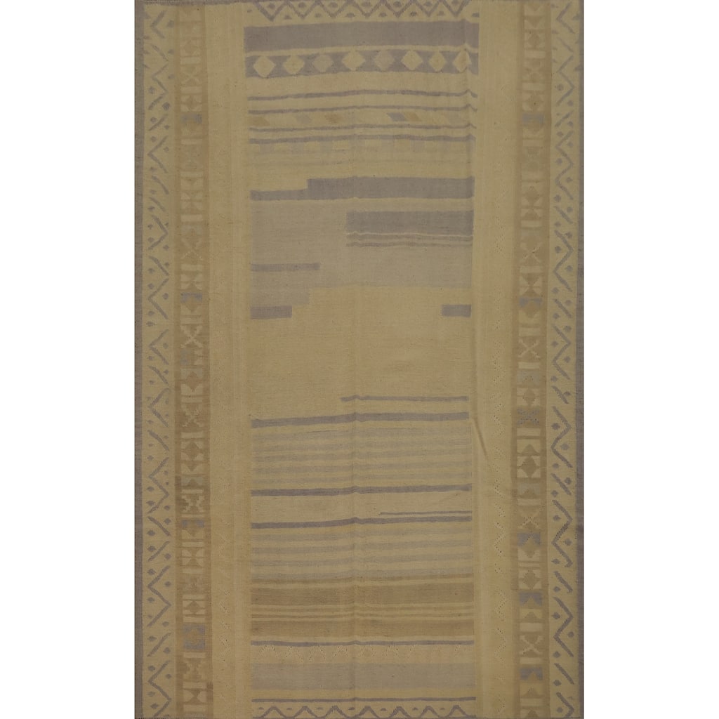Hand Woven Oriental 100% Wool Carpet Southwestern Tribal Beige & Ivories Kilim Area Rug - 9' 6'' X 6' 8''