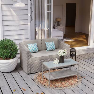 COSIEST Outdoor Wicker Cushioned Loveseat with Coffee Table Set