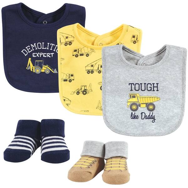 slide 1 of 1, Hudson Baby Infant Boy Cotton Bib and Sock Set, Construction, One Size - Construction - One Size