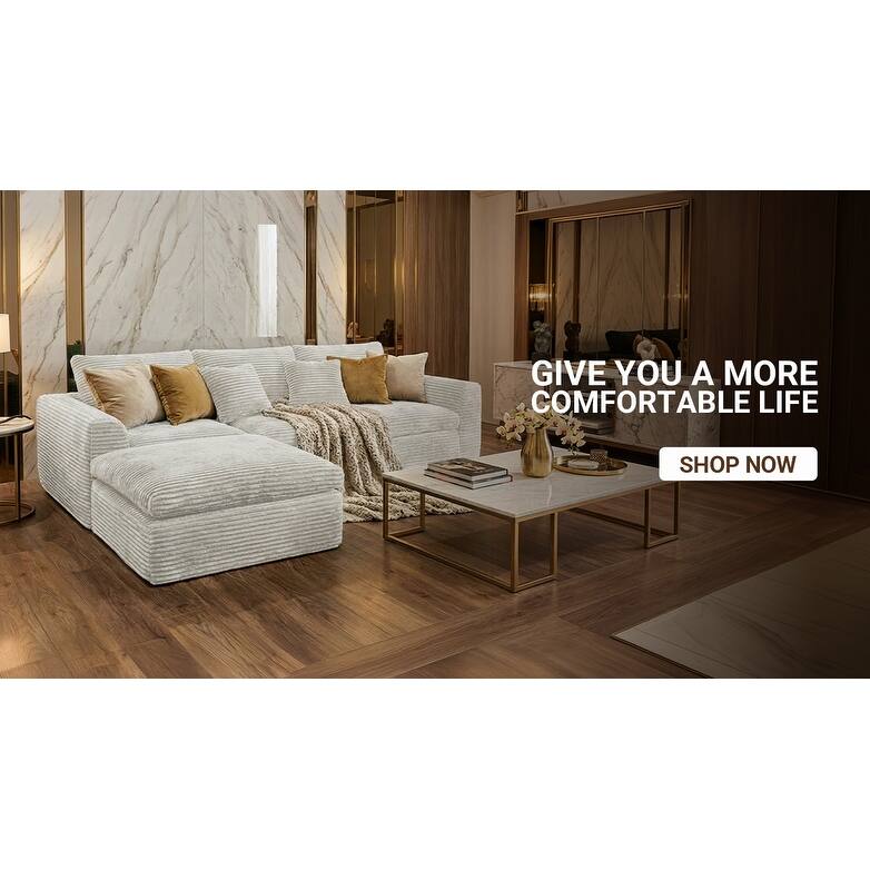 Corduroy Sectional Cloud Couch with Movable Ottoman, High-Density Boneless Sponge Sofa, L-Shape Deep Seat Corner Sofa
