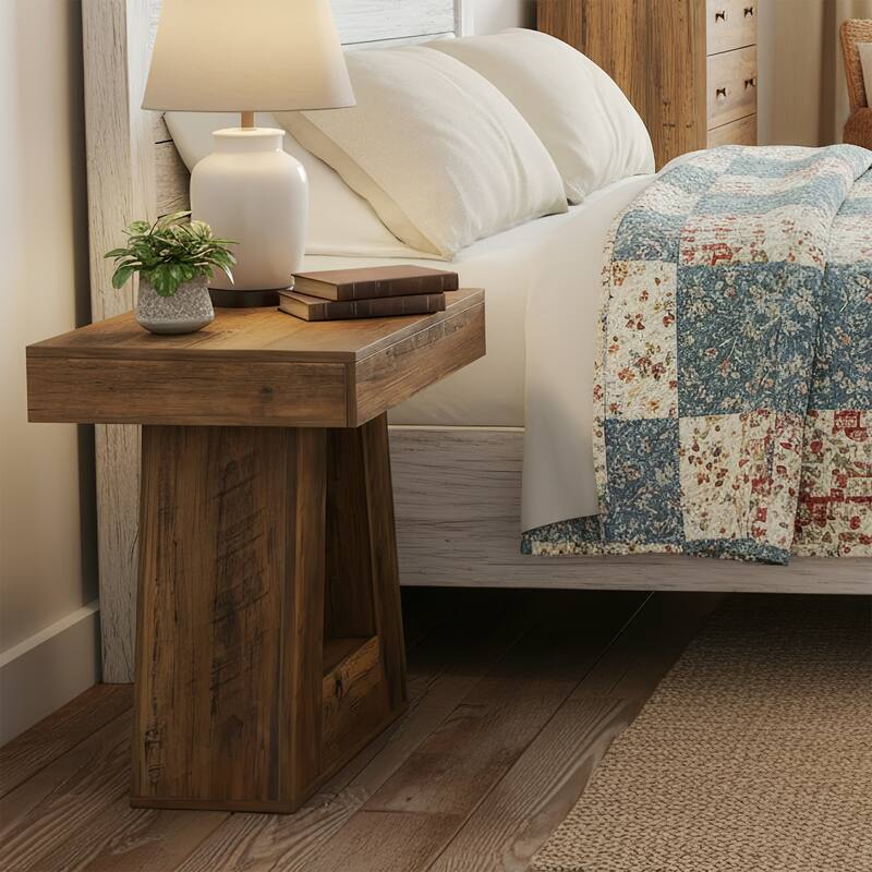 2-Tier Modern Nightstand with Trapezoid Base, Wood-Grain Bedside Table