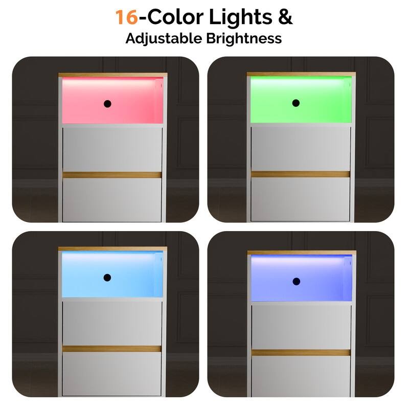 15.7 Inches W High Gloss White and Oak Nightstand 2 Drawers RGB Strip US Outlet 2USB+2AC