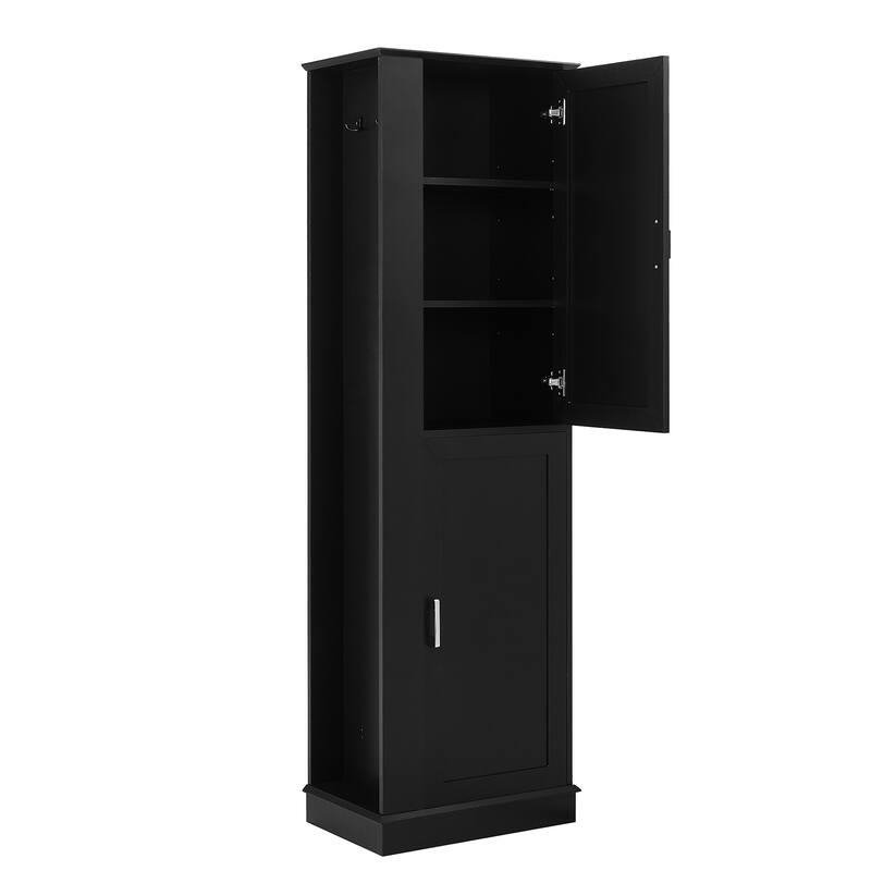 Freestanding Cabinet Tall Bathroom Storage Cabinet with Left or Right Hook, Adjustable Shelves and Anti-toppling Device