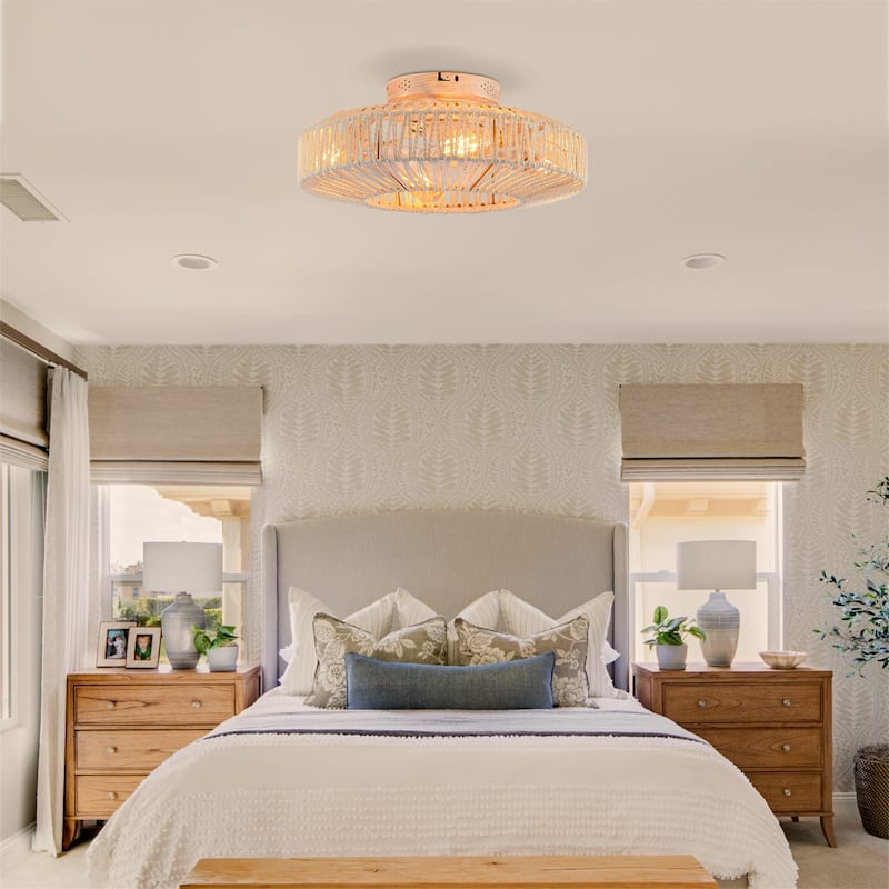 20" Rope Caged Ceiling Fans with Remote and Low Profile Chandelier 6 Speed, NOT Included Bulbs
