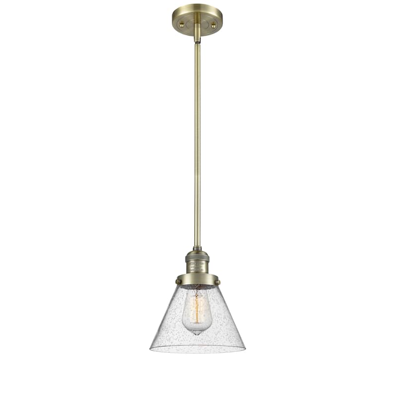 Innovations Lighting Franklin Restoration Cone - 1 Light 8" Stem Hung Mini Pendant - Antique Brass/Seedy