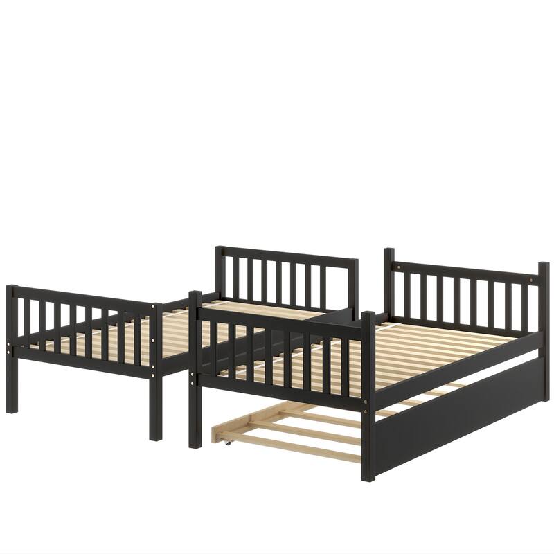 Twin/Full Size Bunk Bed with Trundle, Convertible to 2 Platform Bed