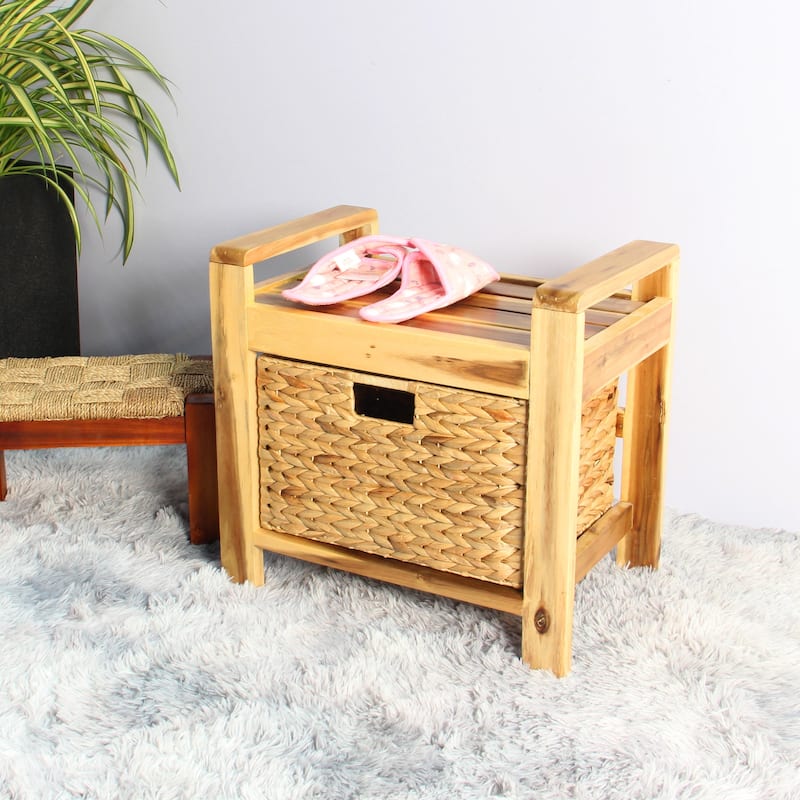 M4H Brae Solid Wood Natural Water Hyacinth Basket Storage Ottoman