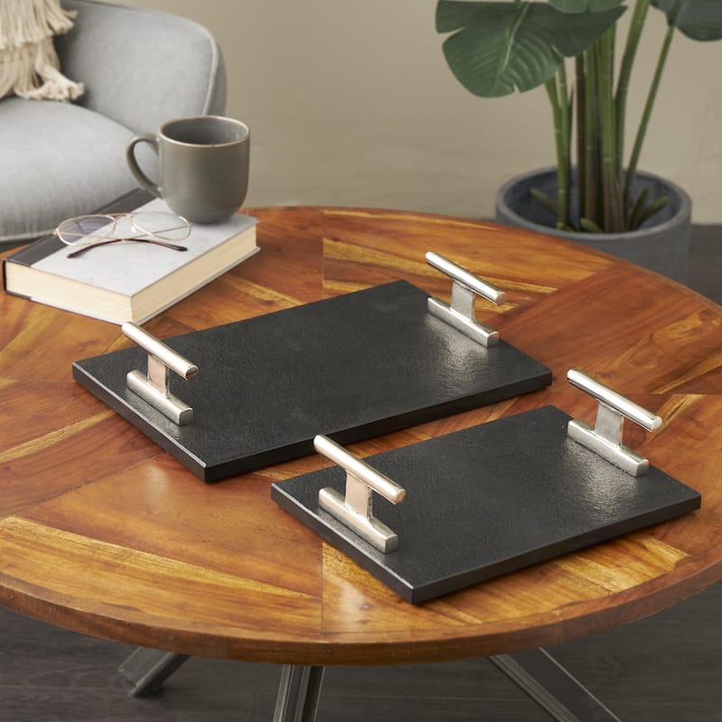 Marble Textured Living Room Decor Tray with Rod Handles - Set of 2 Black - Roche River Decor
