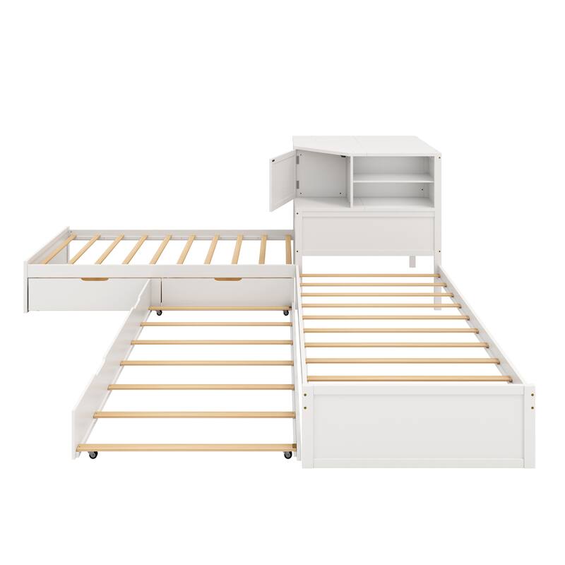All-in-one Low Profile Platform Bed with Trundle and Drawer, Wooden Floor Bed Linked Corner Bed Built-in Desk and Led Downlight