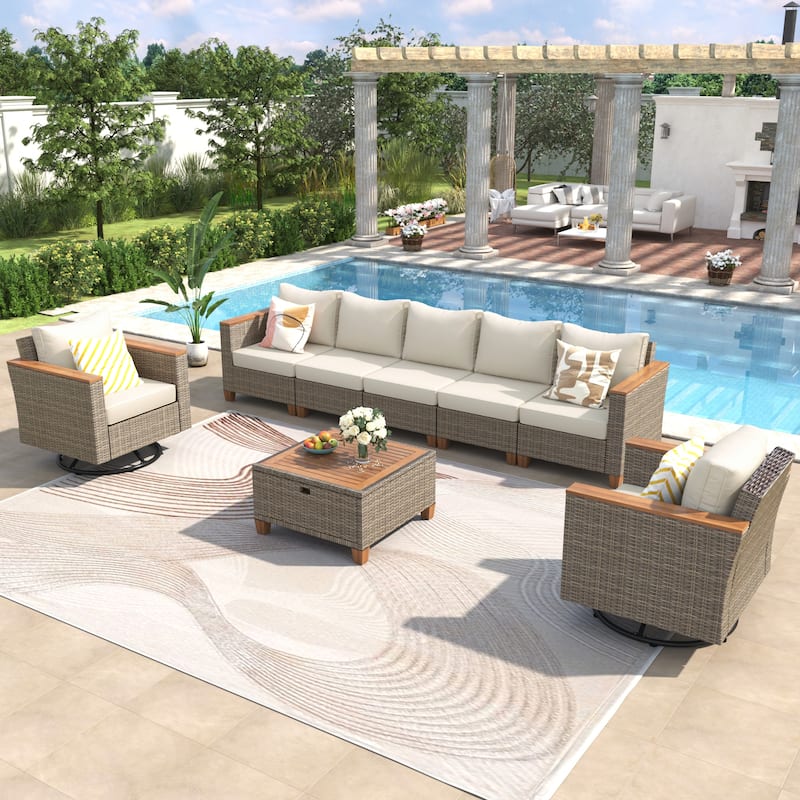 8 Piece Wicker Outdoor Patio Conversation Set with Thick Cushion and Storage Table, All Weather Rattan Swivel Chairs Set of 2