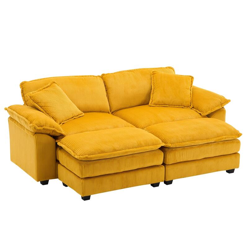 Modern 2-Seater Corduroy Sofa with 4 Support Pillows and 2 Ottomans