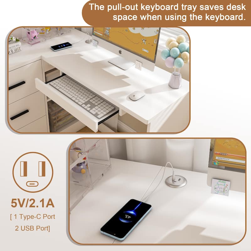Computer Desk with Glass Cabinets & Built-In LED Lights, Corner L-Shaped Office Desk with USB Charging Ports, Keyboard Tray