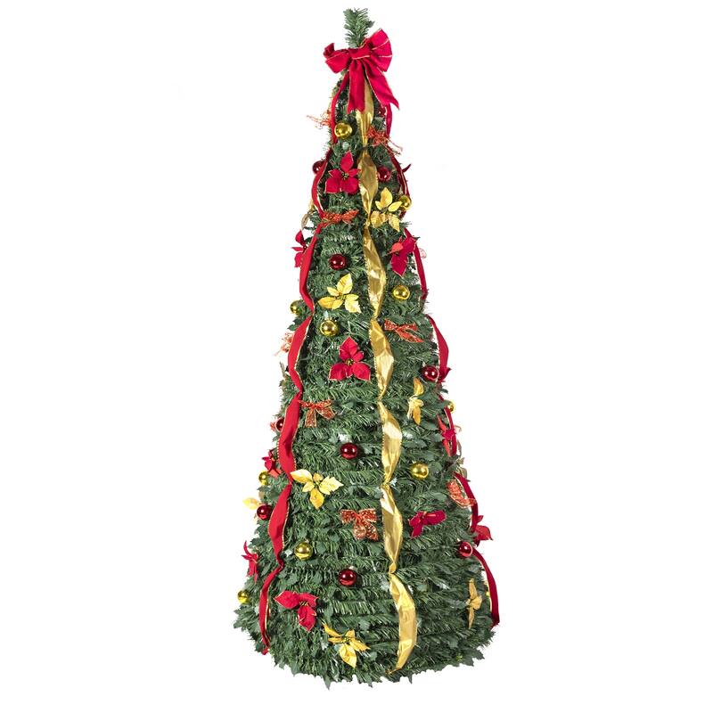 6FT Pop-Up Christmas Tree with 150 Warm White UL Lights - Pre-Decorated with Red & Gold Ornaments, Flowers, Ribbons & Bows