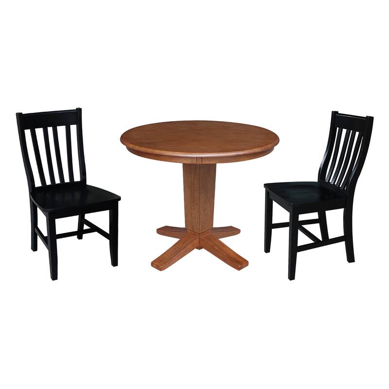 36 in Solid Wood Round Top Pedestal Dining Table with Dining Chairs in Distressed Oak/Black - 3-Piece