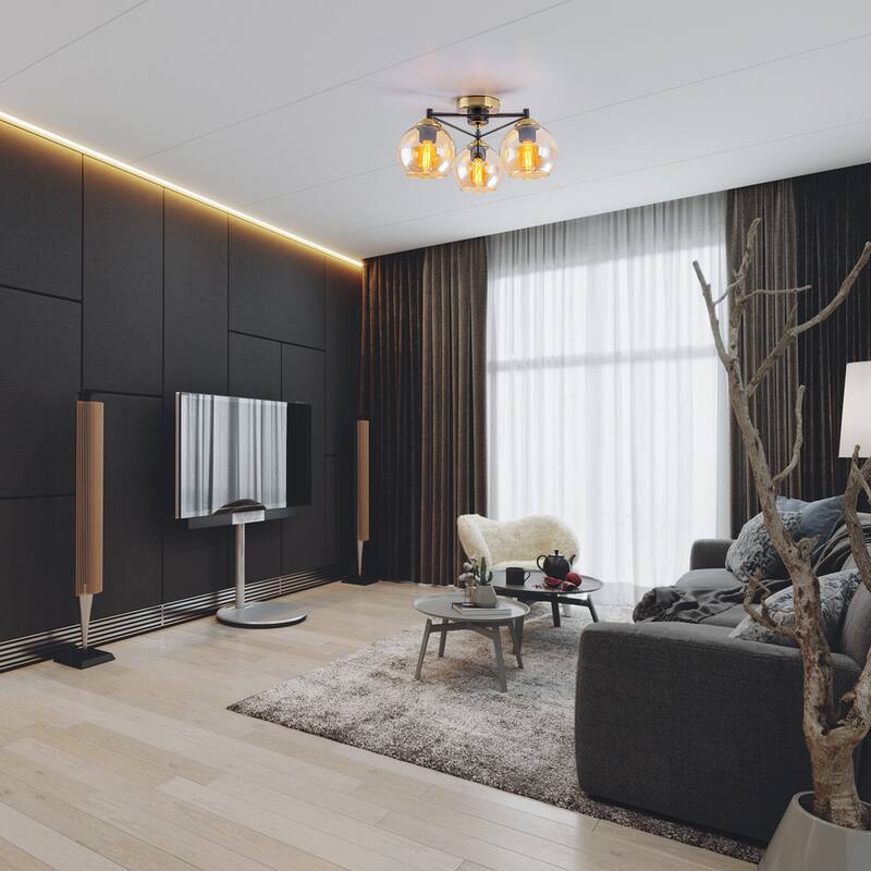 3 Lights Gold Flush Mount Ceiling Light with Amber Glass Globes - Dia.17.72-in