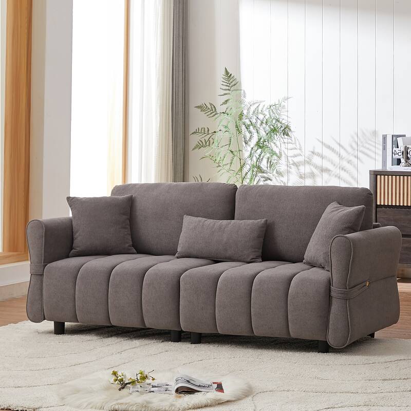 80'' Chenille Fabric Sofa with Lumbar Pillow, 3-seater Upholstered Sofa Chaise with 2 Cushions for Livingroom