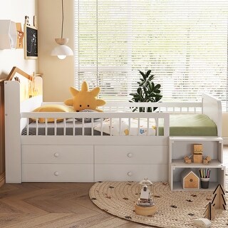 Space-Saving Twin House Loft Bed with LED and Storage for Home,White