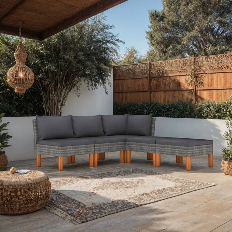 Casey 5pc Outdoor Modular Lounge Sofa Set, Gray Rattan, Brown Wood