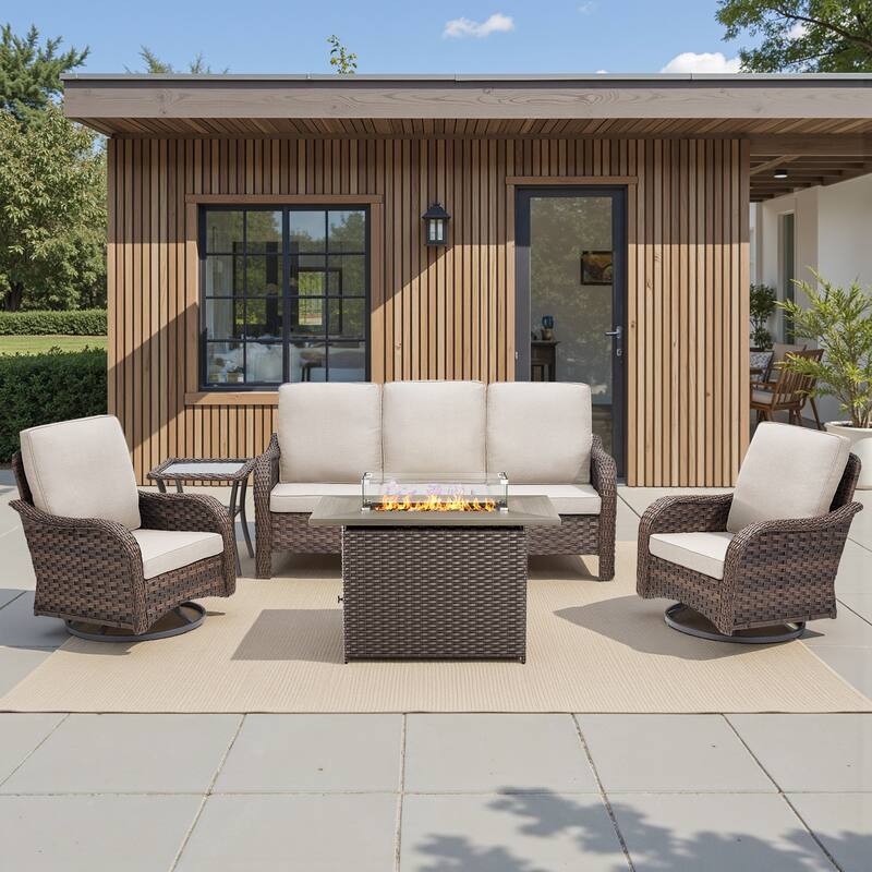 Pocassy Patio Funiture Sofa Swivel Chairs Ottoman with Fire Table Set - Beige Cushion - Brown Wicker - 5-Piece Sofa Swivel Chair with Fire Table
